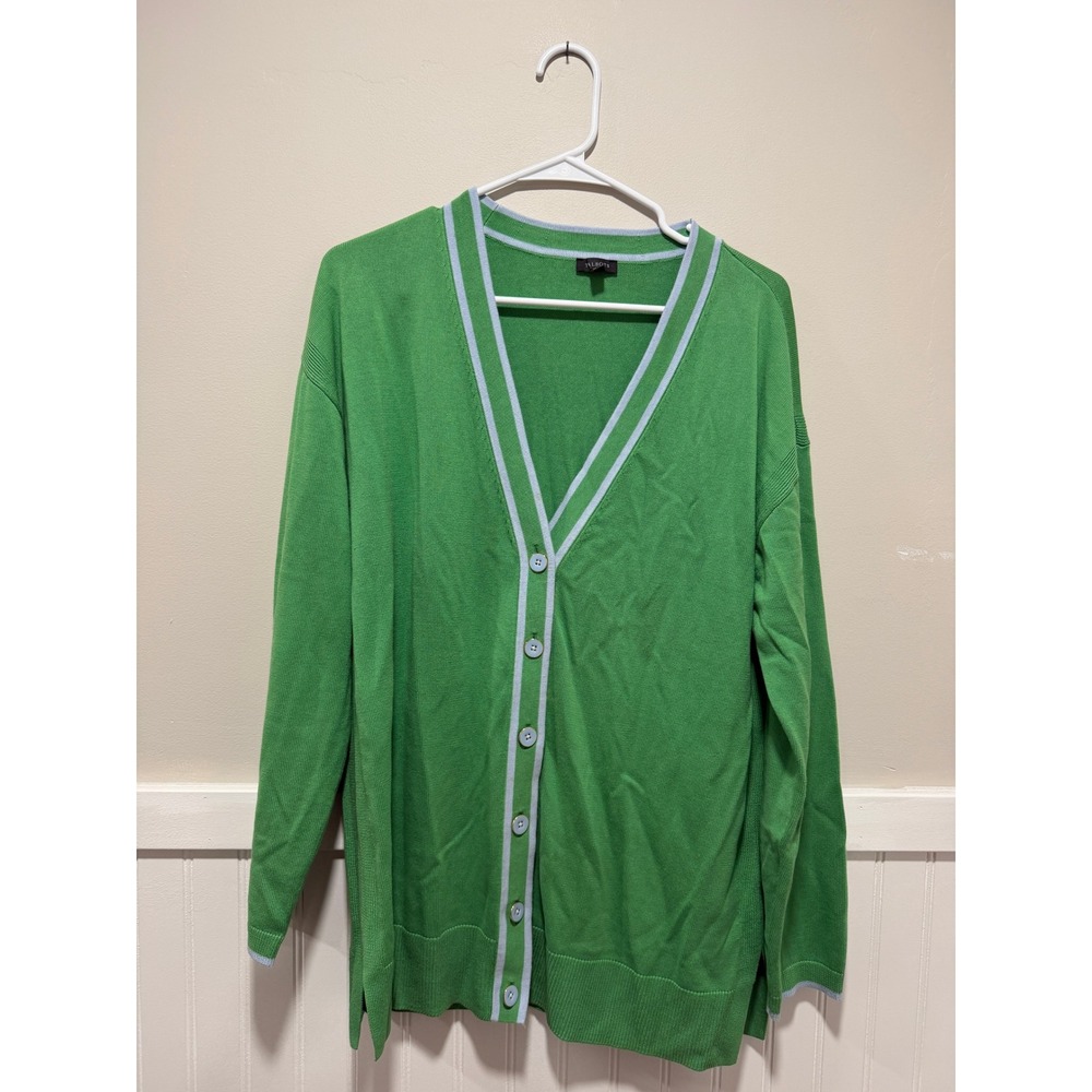 Talbots V-neck Cardigan Sweater Preppy Green Blue Business Casual Women Sz L